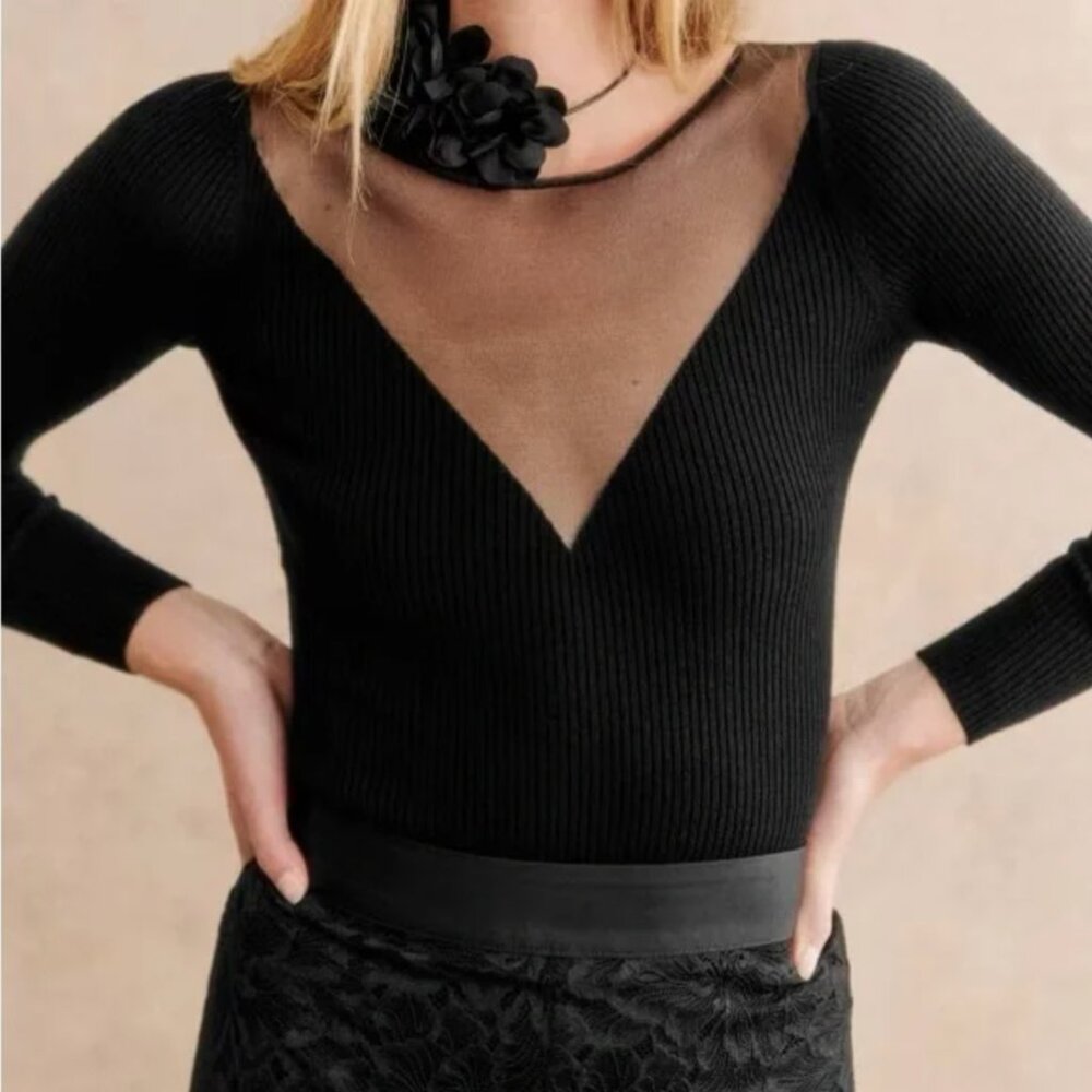 Sezane Black Ribbed Cut Out Bodysuit 3/4 Sleeve
